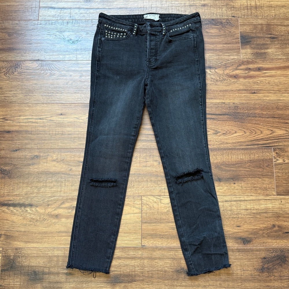 Free People Payton Studded Skinny Jean Black Raw Hem Ripped Knee Ankle Size 28